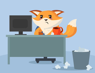 Sad and tired cartoon fox character sitting in office. Flat vector illustration. Exhausted fox working in office with computer and drinking coffee. Animal, office, break, mood, emotion concept