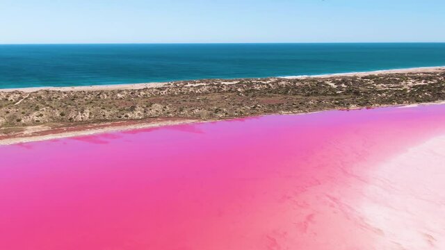 Aerial, Footage of Bright Pink Saltwater Lake. Western Australia Tourism, Travel