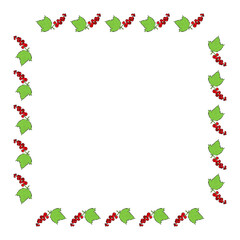 Square frame with red currant and its leaf on white background. Vector image.