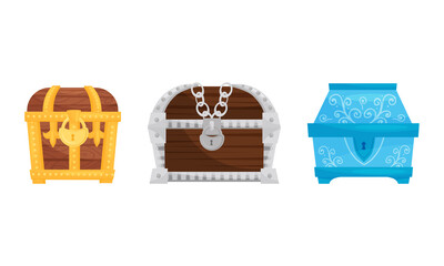 Treasure Chest with Padlock and Metal Band Vector Set