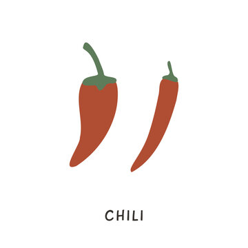 Simple red chili peppers icon in different shapes. Red Jalapeno, Cayenne and Fresno spicy pepper. Hot food in menu. Ingredient for Asian or Mexican cuisine. Doodle colored icons isolated on white.