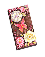 watercolor image of a dark chocolate bar with pink and white decor in the form of flowers and butterflies