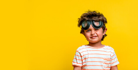 Cute stylish kid in pilot glasses isolated on yellow background. Child dreams to be a pilot and playing with plane. Vintage aviator concept. Kindergarten or school boy want to fly. Innovation © shara
