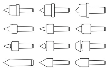 Set of lathe center icons. Work tools. Vector thin line