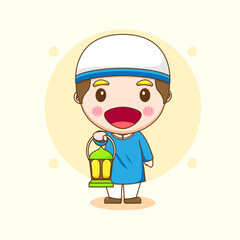 Cute Moslem boy holding lantern cartoon character illustration