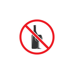 No alcohol sign. wine bottle and glass in red crossed circle. warning sign.