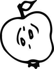 Half of an apple is a vector black-and-white hand-drawn illustration. Isolated object on a white background.