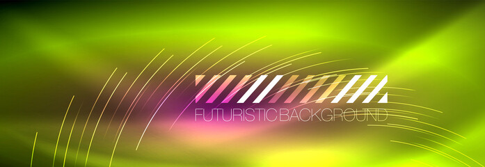 Neon glowing lines, magic energy and light motion background. Vector wallpaper template