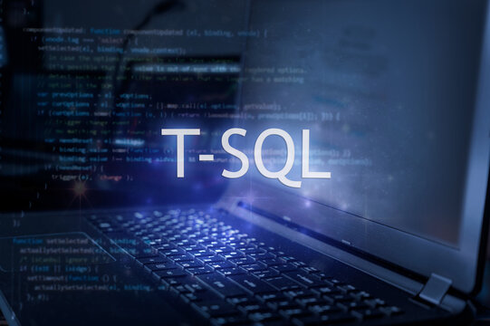T-SQL inscription against laptop and code background. Learn sql programming language, computer courses, training.