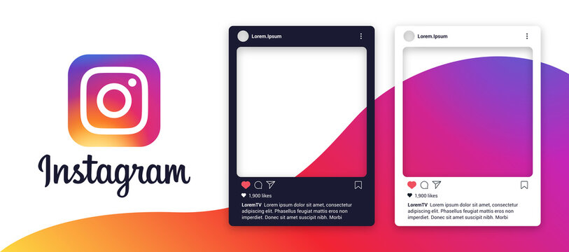 Instagram post template set. Isolated Instagram photo frame on abstract background. Posts inferface, light and dark mode.  Editable texte and empty picture. Modern design vector illustration.