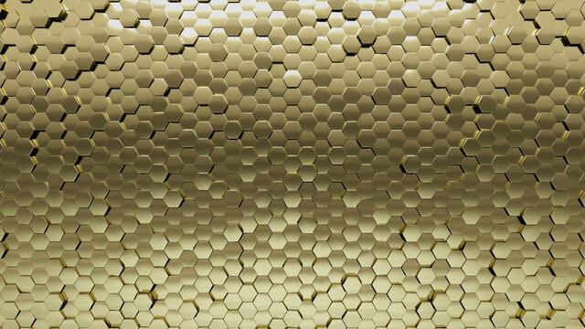 Gold, Polished Wall background with tiles. 3D, tile Wallpaper with Luxurious, Hexagonal blocks. 3D Render