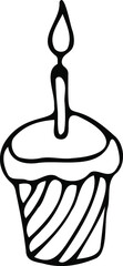 Cupcake with a candle vector illustration hand-drawn. Holiday food, congratulations, birthday.