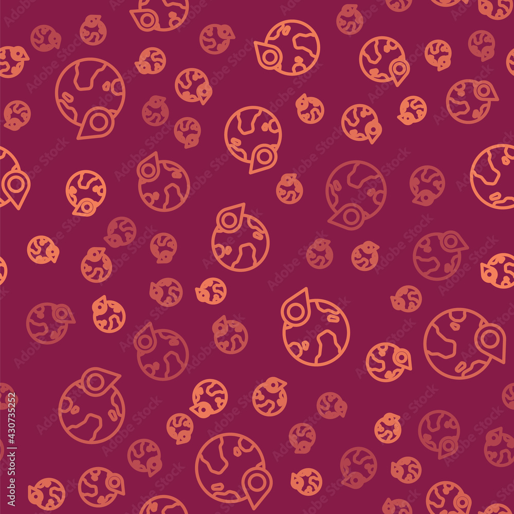 Poster brown line location on the globe icon isolated seamless pattern on red background. world or earth si