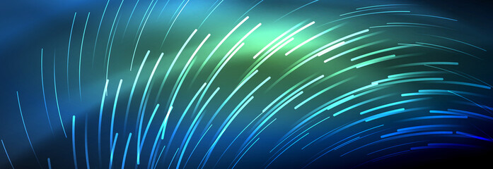 Neon glowing lines, magic energy and light motion background. Vector wallpaper template