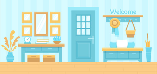 Fototapeta na wymiar Blue hall interior. Cozy home hallway with door, mirror and modern furniture. House entrance background. Flat vector illustration.
