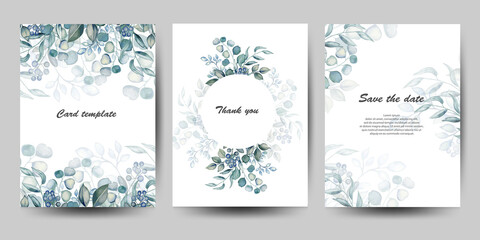 Wedding invitation cards set with leaves, eucalyptus and herbs. Vector isolated illustration.