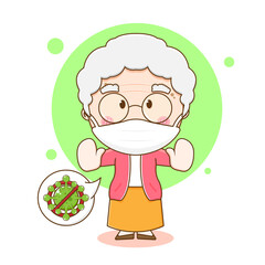 Cute grandmother or grandma wearing a mask against virus cartoon character illustration