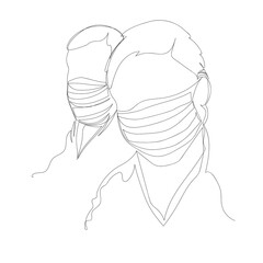 people in masks. medical masks. a respirator. one line. linear contour vector drawing
