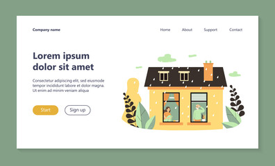 People staying home during rainy weather. View through window, exterior, depression flat vector illustration. Autumn, fall, weather sensitivity concept for banner, website design or landing web page