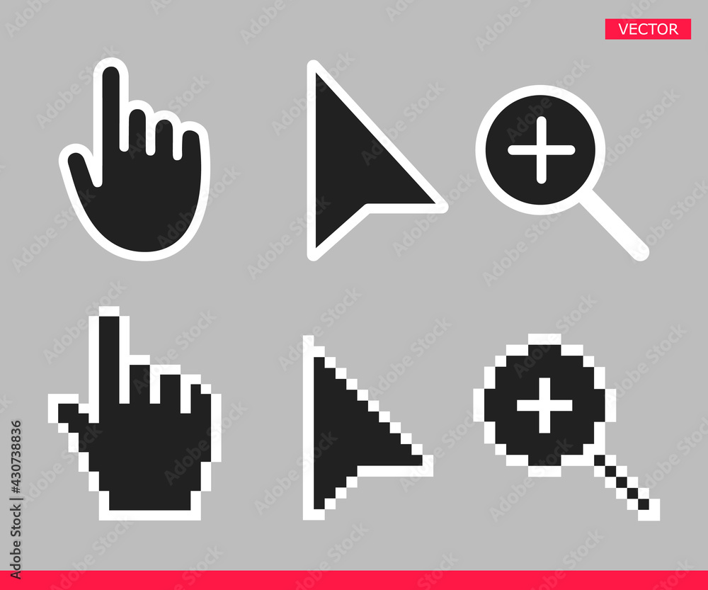 Poster black and white arrow, hand and magnifier non pixel mouse cursor icons vector illustration set flat 