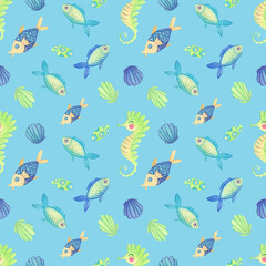 Seahorse swimming with colourful fish