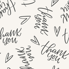 Calligraphy thank you vector seamless pattern with hearts for product packaging to show appreciation to a customer.