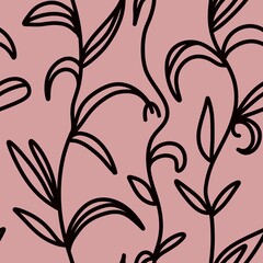 Botanical seamless pattern. Twisting branches with leaves on a pink background. Design of background, cover, fabric, textile, wallpaper, wrapping paper.