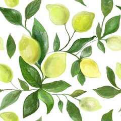 Seamless pattern of yellow lemons with green leaves on a white background. Fruits drawn by hand. Design of wallpaper, tablecloths, textiles, screensavers.