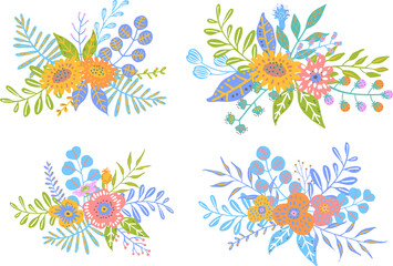 Fototapeta na wymiar set of colorful floral flowers branches twigs bouquets, isolated vector illustration