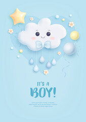 Baby shower invitation with cartoon cloud, helium balloons and flowers on blue background. It's a boy. Vector illustration