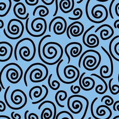 Seamless black swirl pattern on a blue background. Design of background, template, fabric, textile, wallpaper, packaging. Zentangle art design.