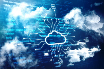 2d illustration of Cloud computing, Digital Cloud computing Concept background. Cyber technology, internet data storage, database and mobile server concept