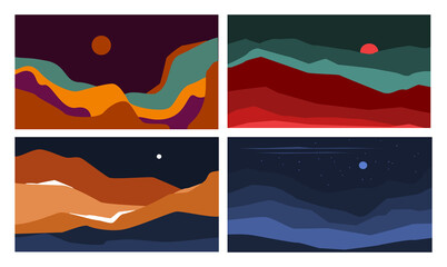 abstract wavy shapes mountain and hills landscapes set, vector illustration scenery in earthy color palette