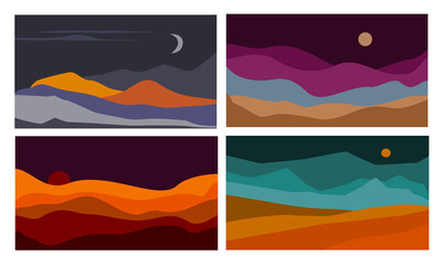 abstract wavy shapes mountain and hills night landscapes set, vector illustration scenery in earthy color palette