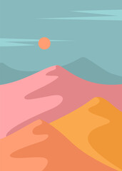 desert dunes in pink yellow orange colors, minimalist abstract landscape vector graphic