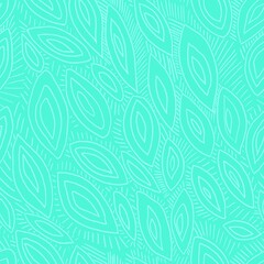 Stylish seamless handmade white leaf pattern on turquoise background. Design of background, postcard, template, fabric, textile, wallpaper, packaging, paper.