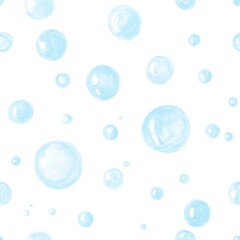 A seamless pattern of blue bubbles on a white background drawn by hand with pencils. Design of background, packaging, covers, wallpaper, textiles, fabric.