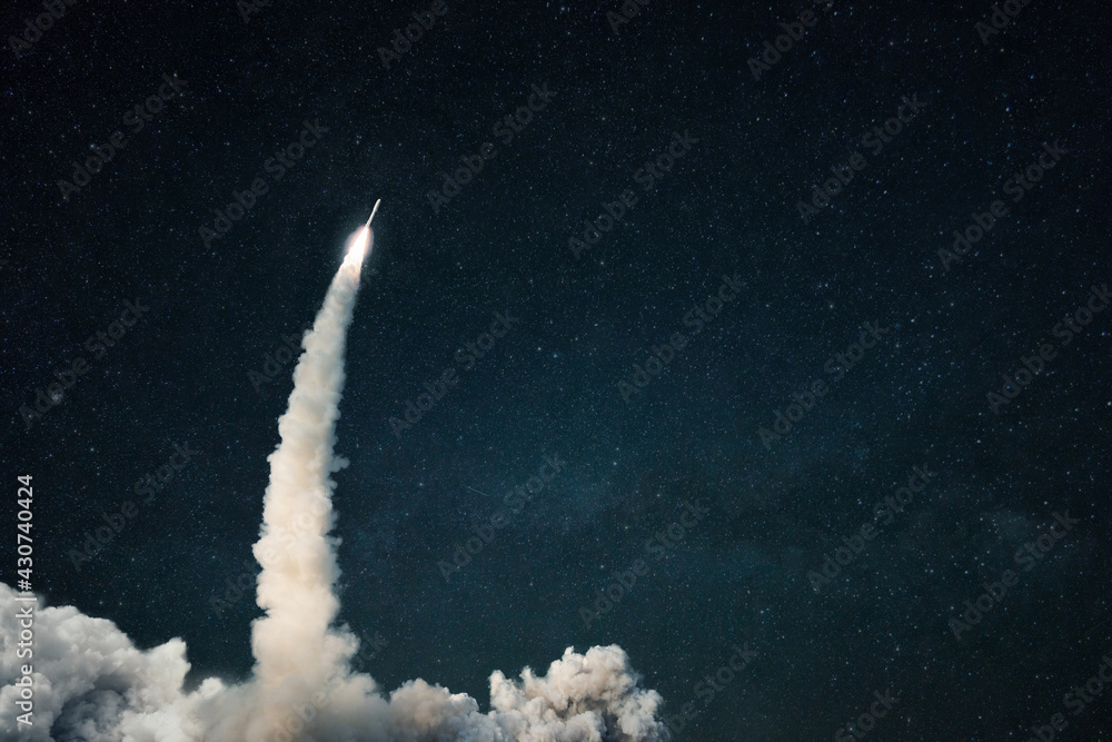 Aufkleber rocket lift off into space. spaceship launch with smoke on the starry sky. space and travel wallpape