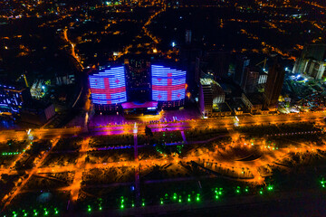 View of the night city from a drone