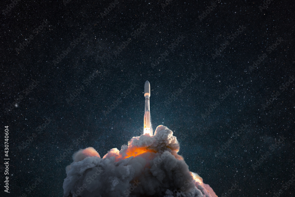 Poster successful launch of a rocket into space. spaceship with smoke and blast lift off into the starry sk