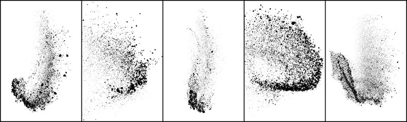 Set of explosion black grainy texture isolated on white background. Dust overlay textured. Dark noise particles. Grunge design elements. Vector illustration, Eps 10.
