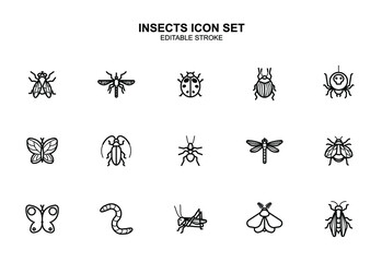 Insects vector icon set. Editable stroke. Insect illustration. Bee, fly, mosquito, ant, dragonfly, wasp, butterfly, cockroach, beetle, worm, grasshopper. Minimal design
