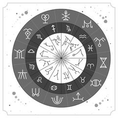 Modern magic witchcraft Astrology wheel with zodiac signs on space background.  Lower and upper zodiac. Horoscope vector illustration