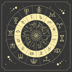 Modern magic witchcraft Astrology wheel with zodiac signs on space background.  Lower and upper zodiac. Horoscope vector illustration