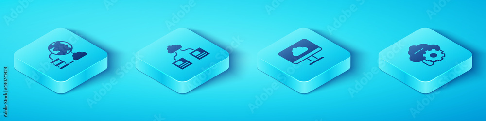 Poster set isometric network cloud connection, cloud technology data transfer, and icon. vector