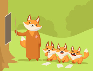Cartoon fox teacher giving lesson to little foxes. Flat vector illustration. Three cute little fox kids learning in forest school together. Education, school, lesson, animal concept for banner design