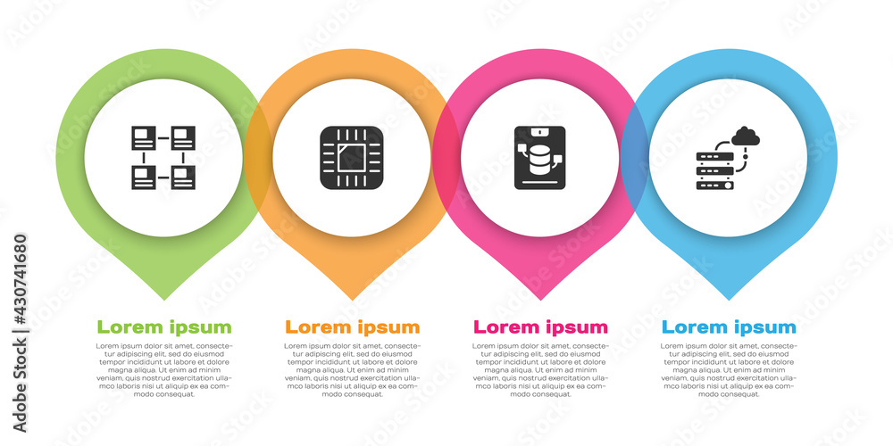 Poster set hierarchy organogram chart, processor with cpu, server, data, web hosting and network cloud conn