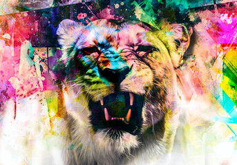 lioness head with creative colorful abstract elements on dark background