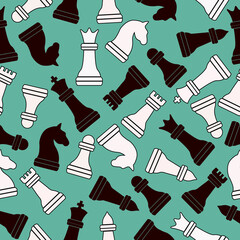 Seamless chess background. Chess elements seamless pattern. Background with complete set of chess pieces Vector