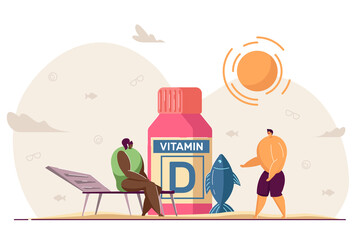 Tiny people with sources of vitamin D. Cartoon characters taking supplements for good health and skin flat vector illustration. Food, wellbeing concept for banner, website design or landing web page